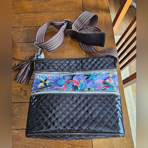 Consuela Brown Patent Crossbody Bag with Floral Accent